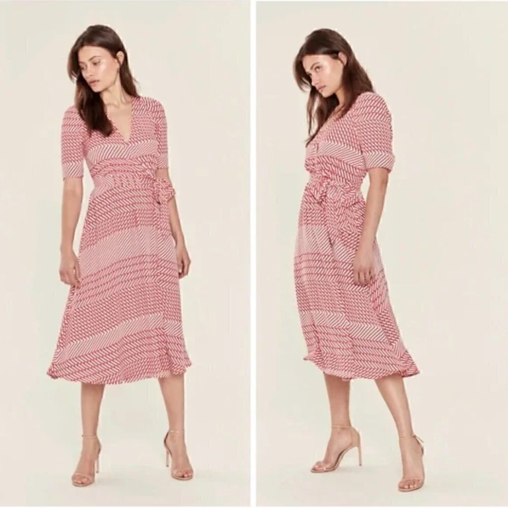 Joie Cata Wrap Dress 10 Midi Red Patchwork Pattern Stripe